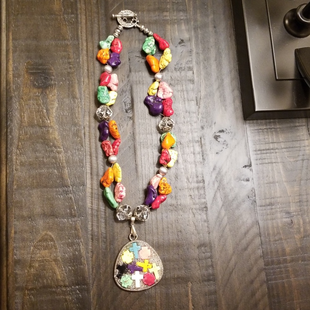 Multi color stone and silver necklace with pendant